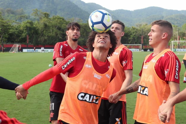 William Arão domina a bola na cabeça no Ninho do Urubu. O volante tem sido um dos destaques da equipe na reta final do Brasileiro Macaque in the trees