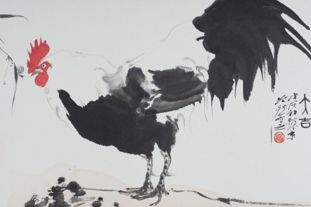 'Galo Olhando Para um Pequeno Caracol', pintura de Fan Zhibin exposta na parede divisória entre duas salas da mostra que foi prorrogada, ficando em cartaz até este domingo
(Foto: Divulgação)