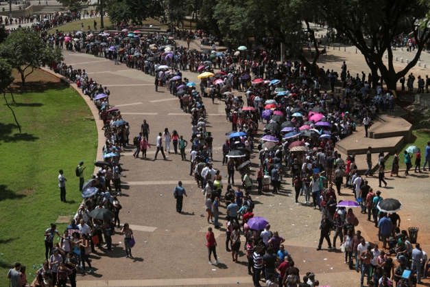 Fila de pessoas em busca de oportunidade de emprego em São Paulo Macaque in the trees