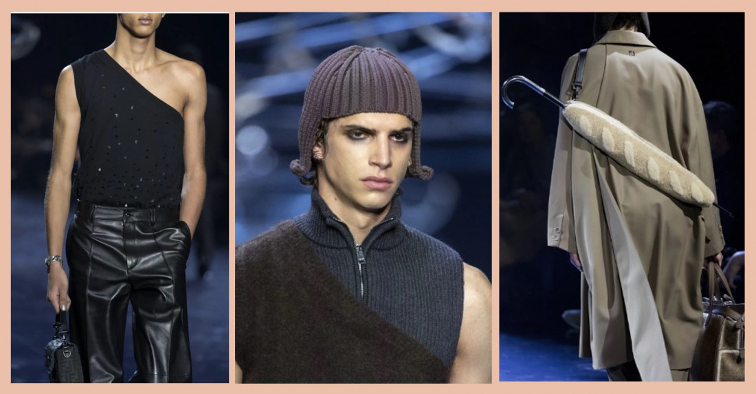 Fendi: ombro-só; touca e maquiagem; guarda-chuva baguette Macaque in the trees