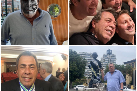 Da esquerda para a direita: Montenegro pintado de Botafogo; entre os filhos Bernardo, Marcelo e Carlos André; condecorado em um evento; e orgulhoso ao lado da estátua do Manequinho, em frente a sede do Botafogo