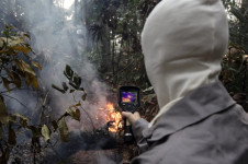 Pesquisadora mede o comportamento do fogo durante a estação seca de 2023 na Floresta Nacional do Tapajós (PA)

