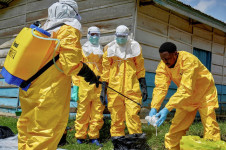 Trabalhadores da Cruz Vermelha desinfetam o local ap&oacute;s manusearem o corpo de uma pessoa que morreu de Ebola, enquanto ag&ecirc;ncias de ajuda humanit&aacute;ria intensificam os esfor&ccedil;os para conter um novo surto da cepa Bundibugyo, no Centro M&eacute;dico Evang&eacute;lico (CME) na comuna de Hoho, em Bunia, prov&iacute;ncia de Ituri, Rep&uacute;blica Democr&aacute;tica do Congo